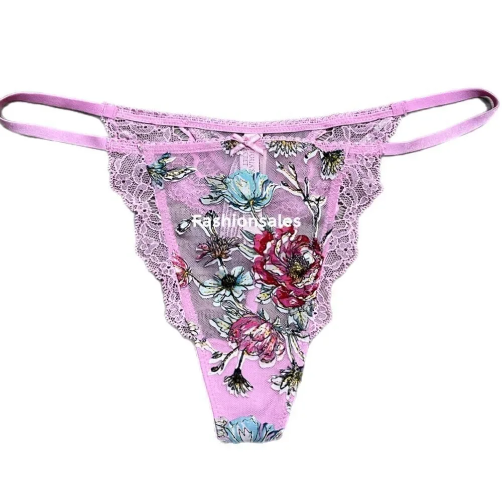 Victorias Secret Dream Angels Floral appliqué Mesh Lace V string panty pink S